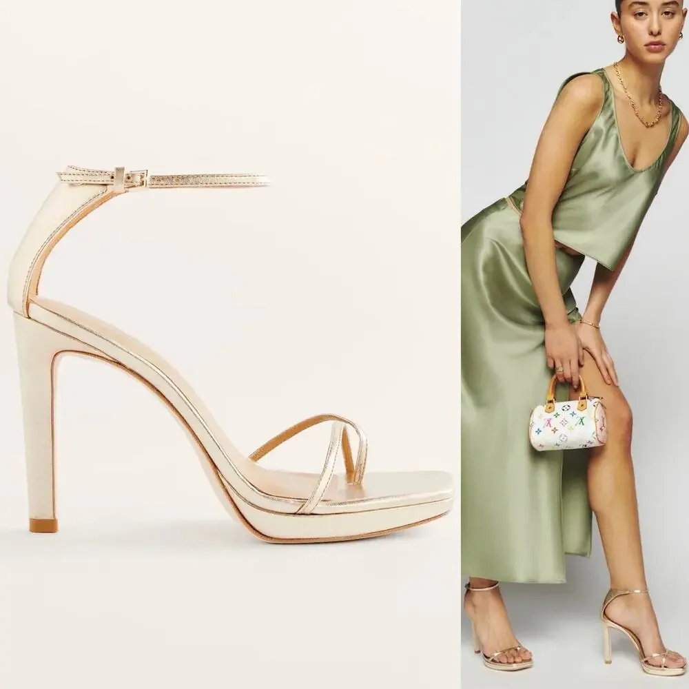Reformation Gilda Platform Square Toe Heeled Sandal In Metallic Gold Size 8
